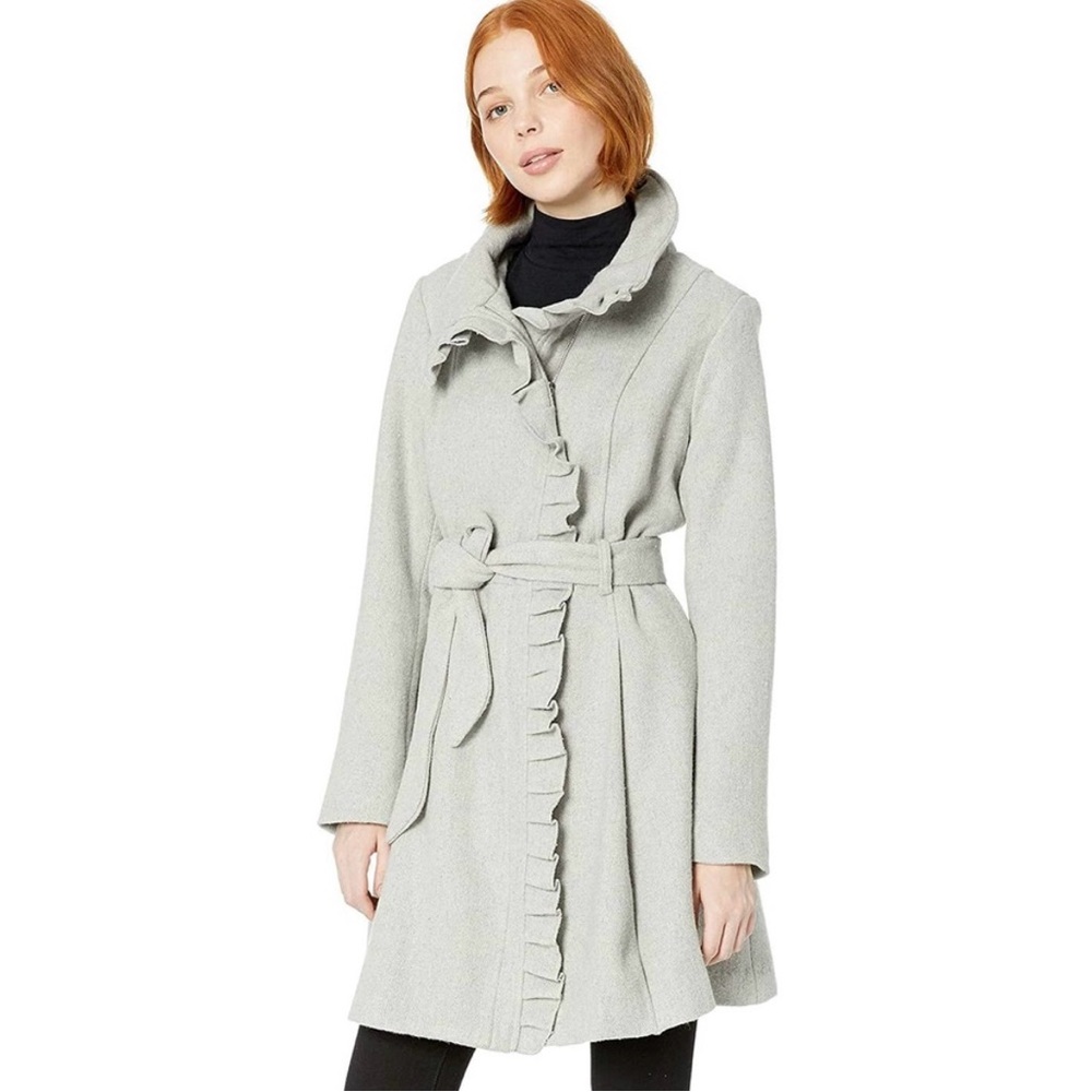 Steve Madden Light Gray Ruffled Belted Coat